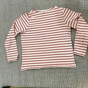Uniqlo small boatneck long sleeve top. Red pinstripes and cute flare detail.